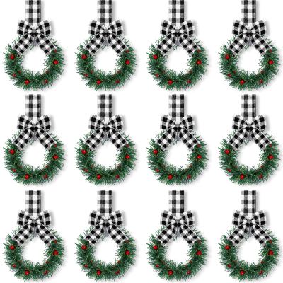 Retrowavy 12 Pcs Christmas Kitchen Cabinet Wreaths with Ribbon 3.94 Inch Mini Christmas Wreath Small Kitchen Xmas Decor for Window Door(White and Black Plaid,Stylish Style)