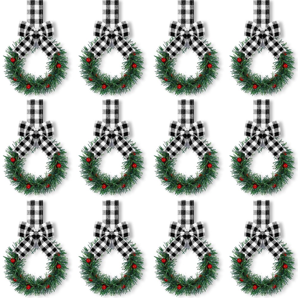 Retrowavy 12 Pcs Christmas Kitchen Cabinet Wreaths with Ribbon 3.94 Inch Mini Christmas Wreath Small Kitchen Xmas Decor for Window Door(White and Black Plaid,Stylish Style)