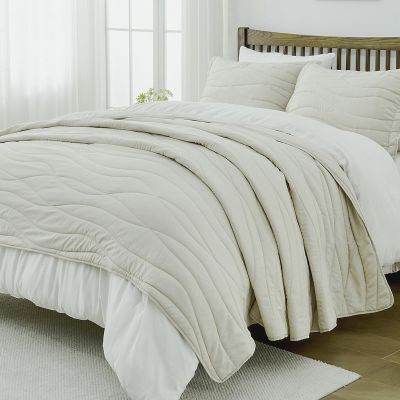 CozyStitch Embossed King Size Quilt - Microfiber Quilt Lightweight Softness Quilted Bedspread, Weave Texture Wavy Lines Pattern, Solid Color Comforter Bed Spread for King Bed, 3Pcs, Light Beige