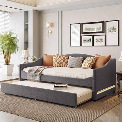 MiHunnor Twin Size Upholstered Daybed, Teddy Fleece Daybed Bed with Twin Size Trundle, Solid Wood Daybed Sofa Bed Frame with Light for Bedroom Living Room Guest Room Home Office (Gray-053)