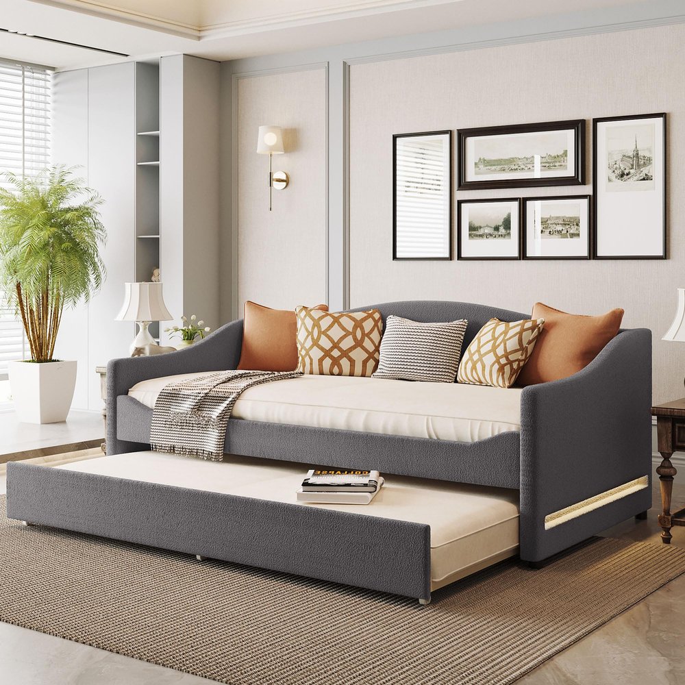MiHunnor Twin Size Upholstered Daybed, Teddy Fleece Daybed Bed with Twin Size Trundle, Solid Wood Daybed Sofa Bed Frame with Light for Bedroom Living Room Guest Room Home Office (Gray-053)