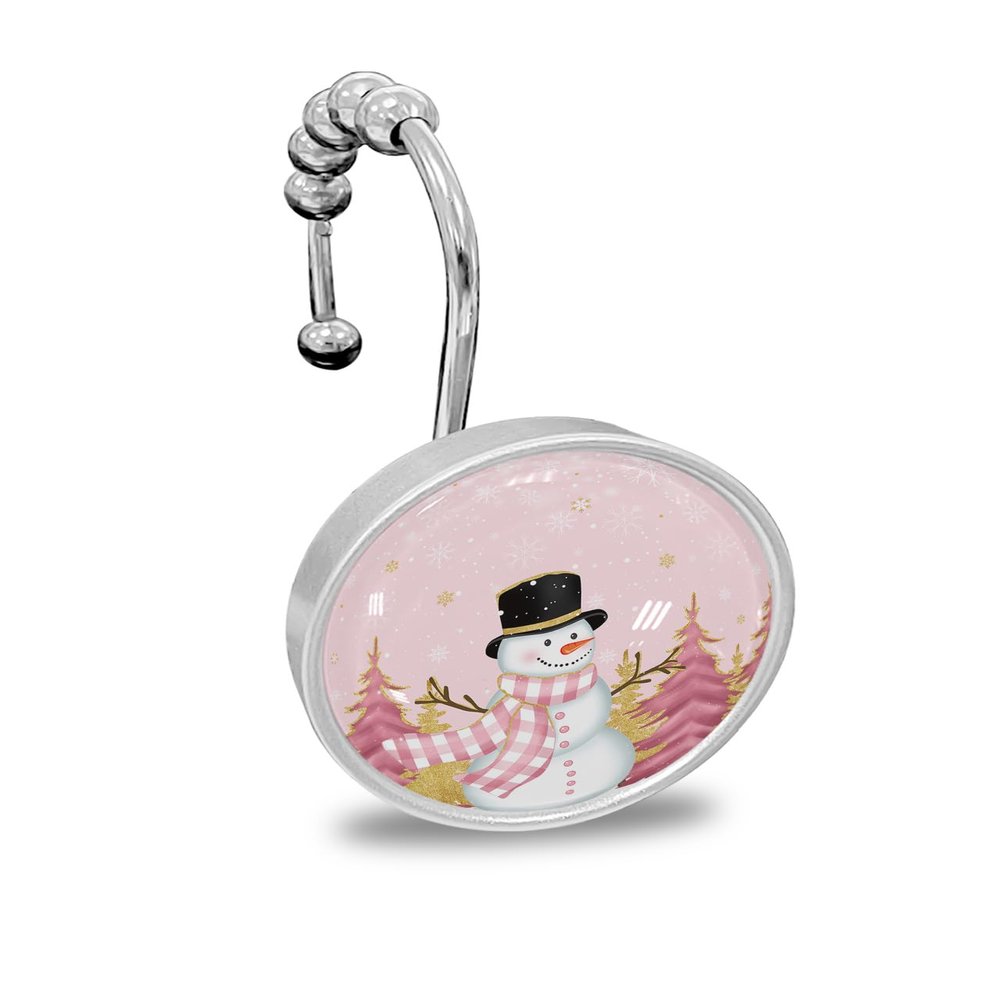 Christmas Shower Curtain Hooks, Pink Gold Tree Snowman with Hat Scarf Snowflakes 12PCS Shower Curtain Hooks Rings for Bathroom Stainless Steel Rust Resistant Shower Curtain Hangers