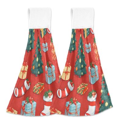 ALAZA Colorful Christmas Tree Socks Kitchen Hand Towel Home Decor Hanging Towels 2PCS Soft Absorbent Cloth Tie Towels for Bathroom Laundry Room 14 x 18.2 Inch