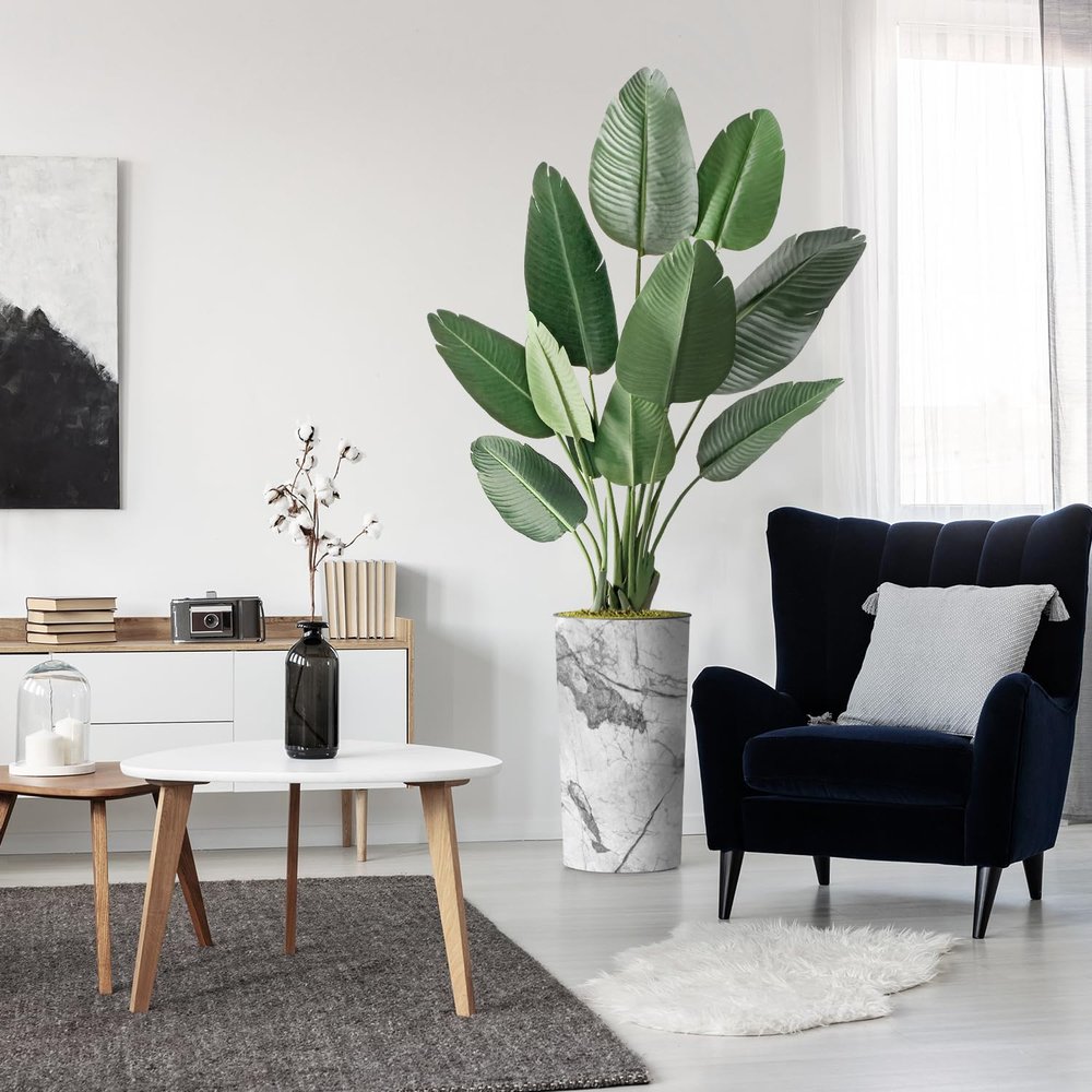 Artificial Tree in Gray Marble Effect Planter, Fake Bird of Paradise Silk Trees for Indoor and Outdoor Home Decoration - 67" Overall Tall (Plant Pot Plus Tree)