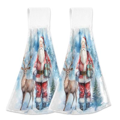 ALAZA Lovely Deer Pine Tree Santa Claus Merry Christmas Kitchen Hand Towel Home Decor Hanging Towels 2PCS Soft Absorbent Cloth Tie Towels for Bathroom Laundry Room 14 x 18.2 Inch
