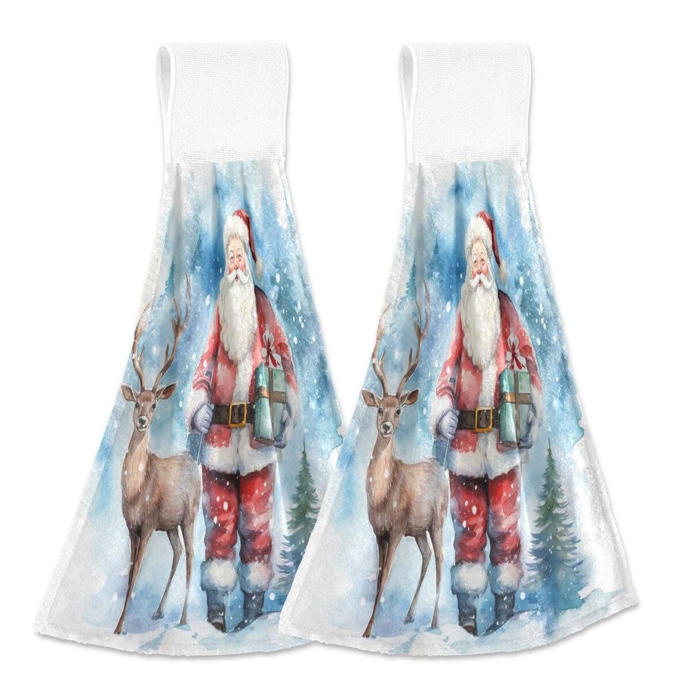 ALAZA Lovely Deer Pine Tree Santa Claus Merry Christmas Kitchen Hand Towel Home Decor Hanging Towels 2PCS Soft Absorbent Cloth Tie Towels for Bathroom Laundry Room 14 x 18.2 Inch