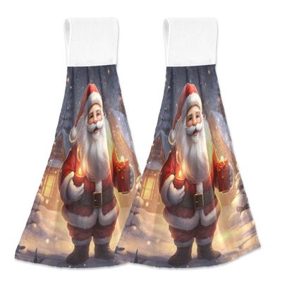 ALAZA Pine Tree Snow Merry Christmas Santa Claus Kitchen Hand Towel Home Decor Hanging Towels 2PCS Soft Absorbent Cloth Tie Towels for Bathroom Laundry Room 14 x 18.2 Inch