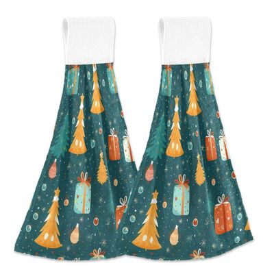 ALAZA Green Yellow Christmas Tree Color Kitchen Hand Towel Home Decor Hanging Towels 2PCS Soft Absorbent Cloth Tie Towels for Bathroom Laundry Room 14 x 18.2 Inch