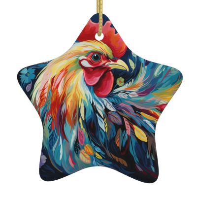 Art Colorful Chicken Christmas Ornament 2023 Christmas Tree Hanging Ornament with Gold Ribbon Star Shape Ceramic Ornaments for Xmas Holiday Decorations