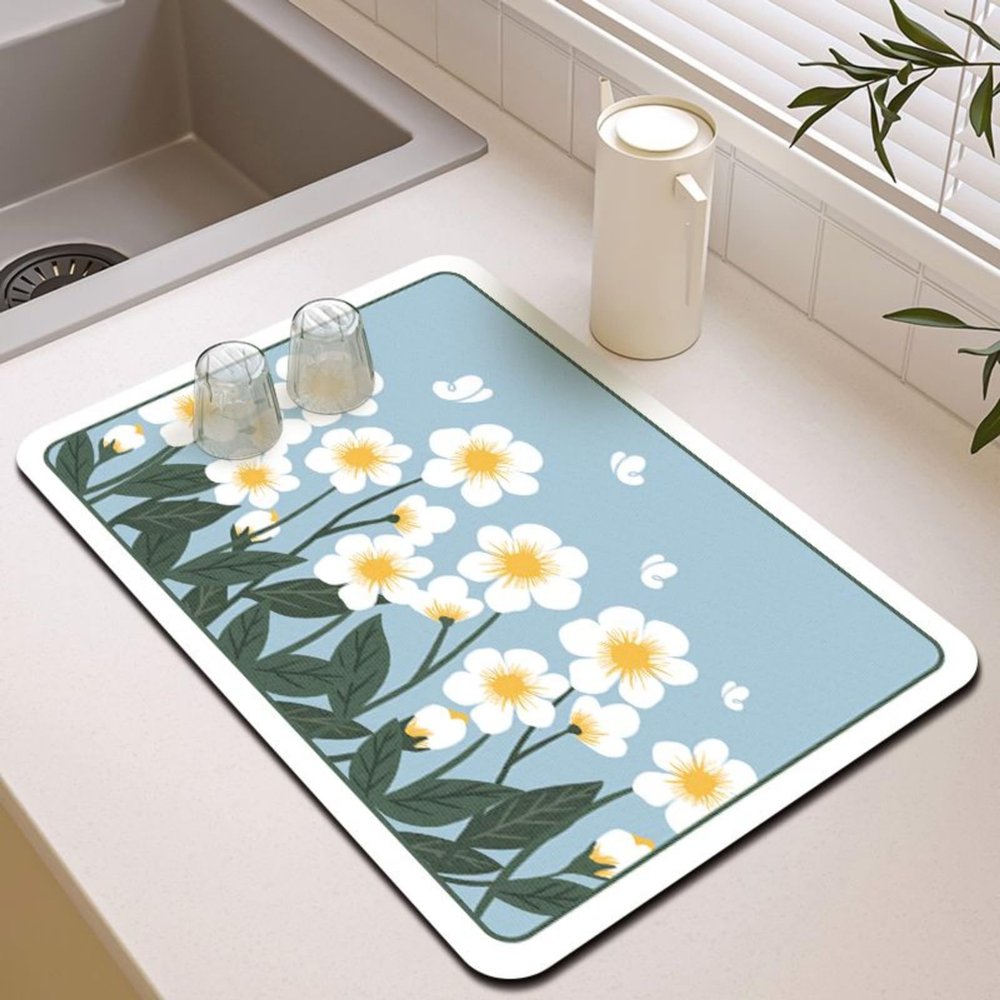 Kitchen Diatomite Dish Absorbent Drying Mat, Countertop Non-Slip Drainer Mat Sink Mat, Coffee Machine Insulation Pad Quick-Drying Table Mat (40x50cm,Flowers-Blue)