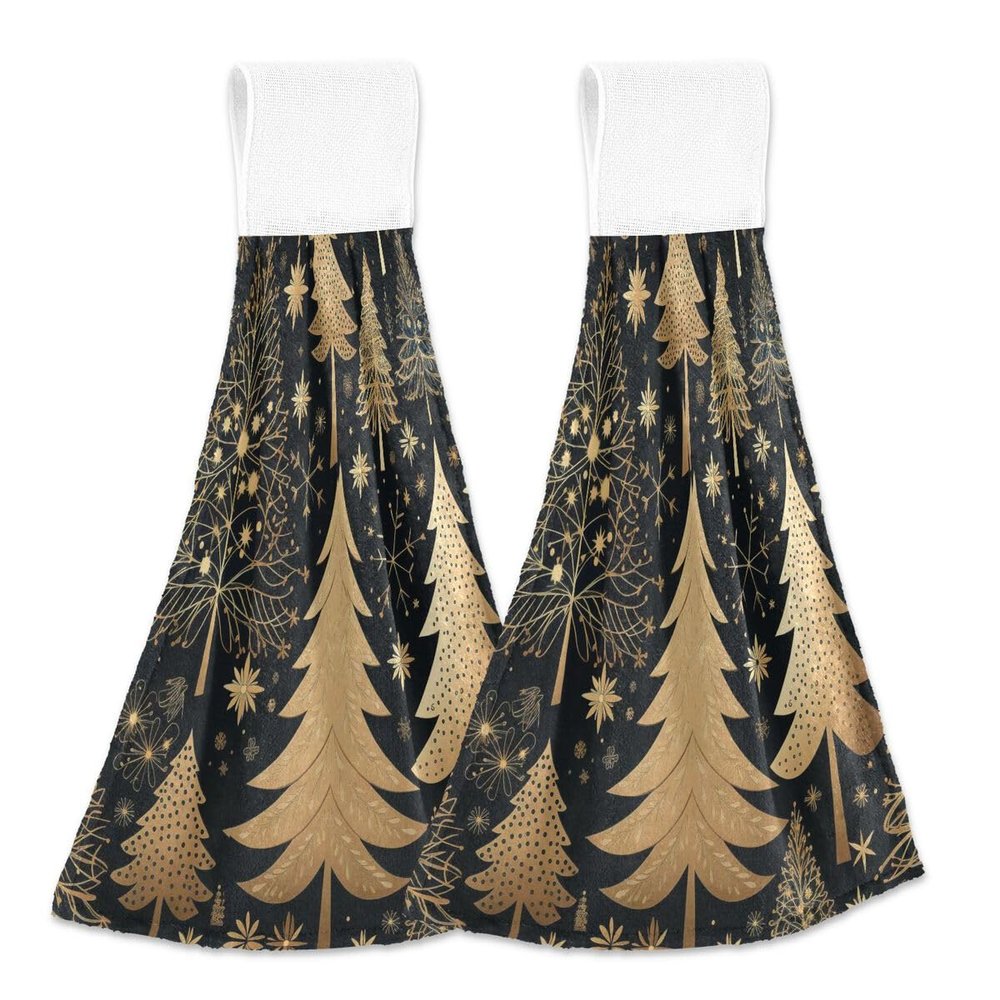 ALAZA Golden Snowflake Pine Tree Merry Christmas Kitchen Hand Towel Home Decor Hanging Towels 2PCS Soft Absorbent Cloth Tie Towels for Bathroom Laundry Room 14 x 18.2 Inch
