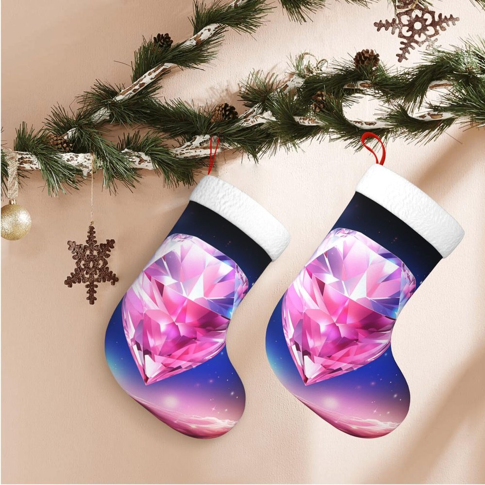 BONDIJ Pretty Diamond Christmas Stockings with White Cuff Plush Xmas Stockings Personalized Christmas Hanging Stockings Decorations for Family Holiday Christmas Decor