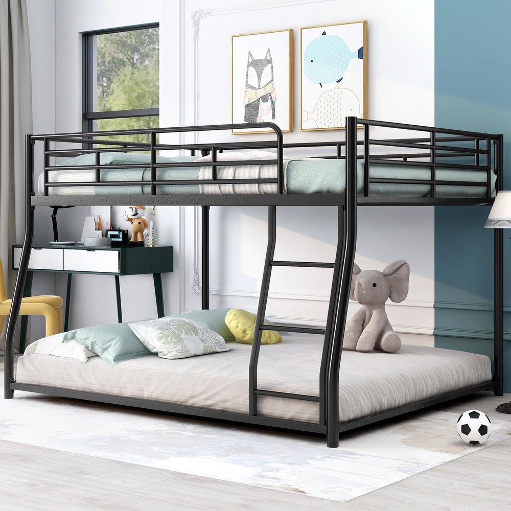 Favfurish Full XL Over Queen Metal Floor Bunk Bed with Sloping Stairs and Safety Guardrails for Bedroom,Guest Rooms, No Box Spring Needed, Simple to Assemble,Black
