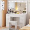 VOWNER Vanity with Lighted Mirror - Makeup Vanity Desk with Power Outlet and 7 Drawers, 3 Color Lighting Modes Adjustable Brightness, 44" Vanity Table with Soft Cushioned Stool for Women Girls, White view 1