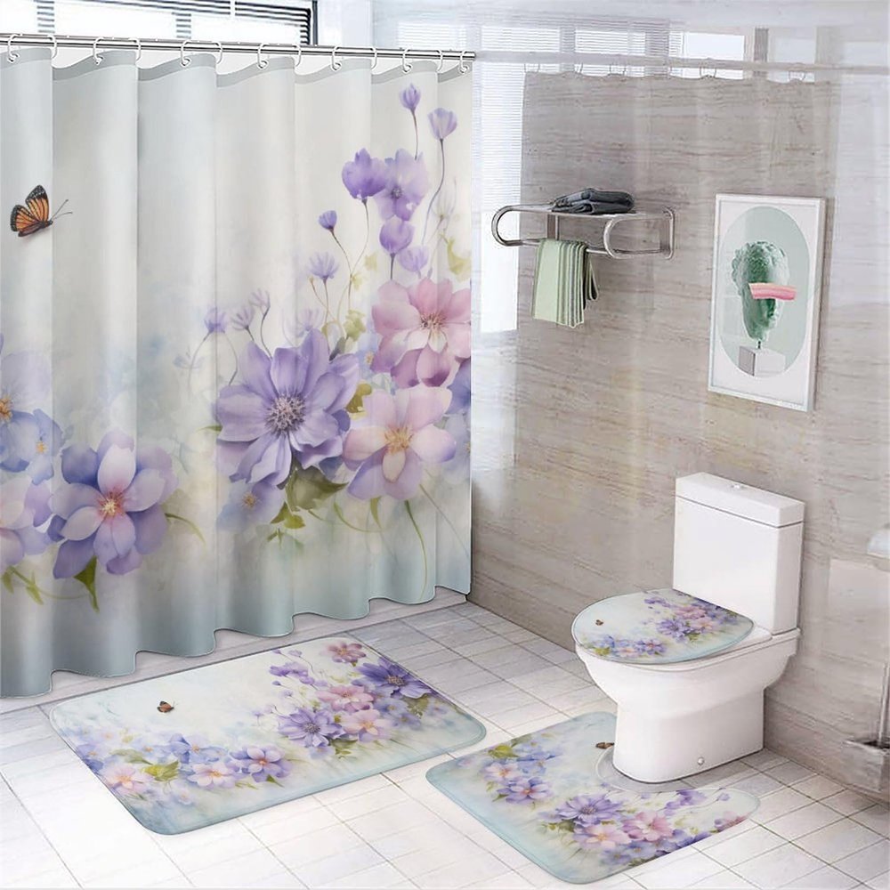 Dunmat Beautiful Floral 4 Pieces Shower Curtain Sets with Non-Slip Rugs, Toilet Lid Cover and Bath Mat, Purple Flowers Natural Plants Butterflies Bathroom Decor Set Waterproof Shower Curtains with 12