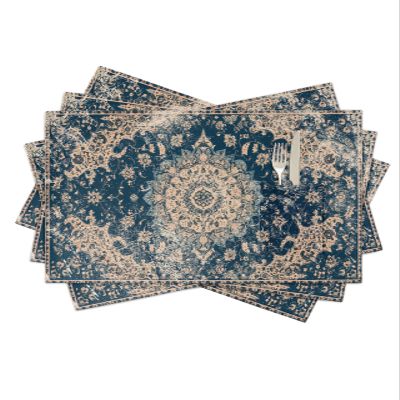 Antique Oriental Placemats Set of 4, Woven Placemat Washable Wipeable Table Placemat with Pocket, Holiday Cloth Table Mat for Party Kichen Dinner Baby Shower Vintage Blue Geometric Aesthetics Flower