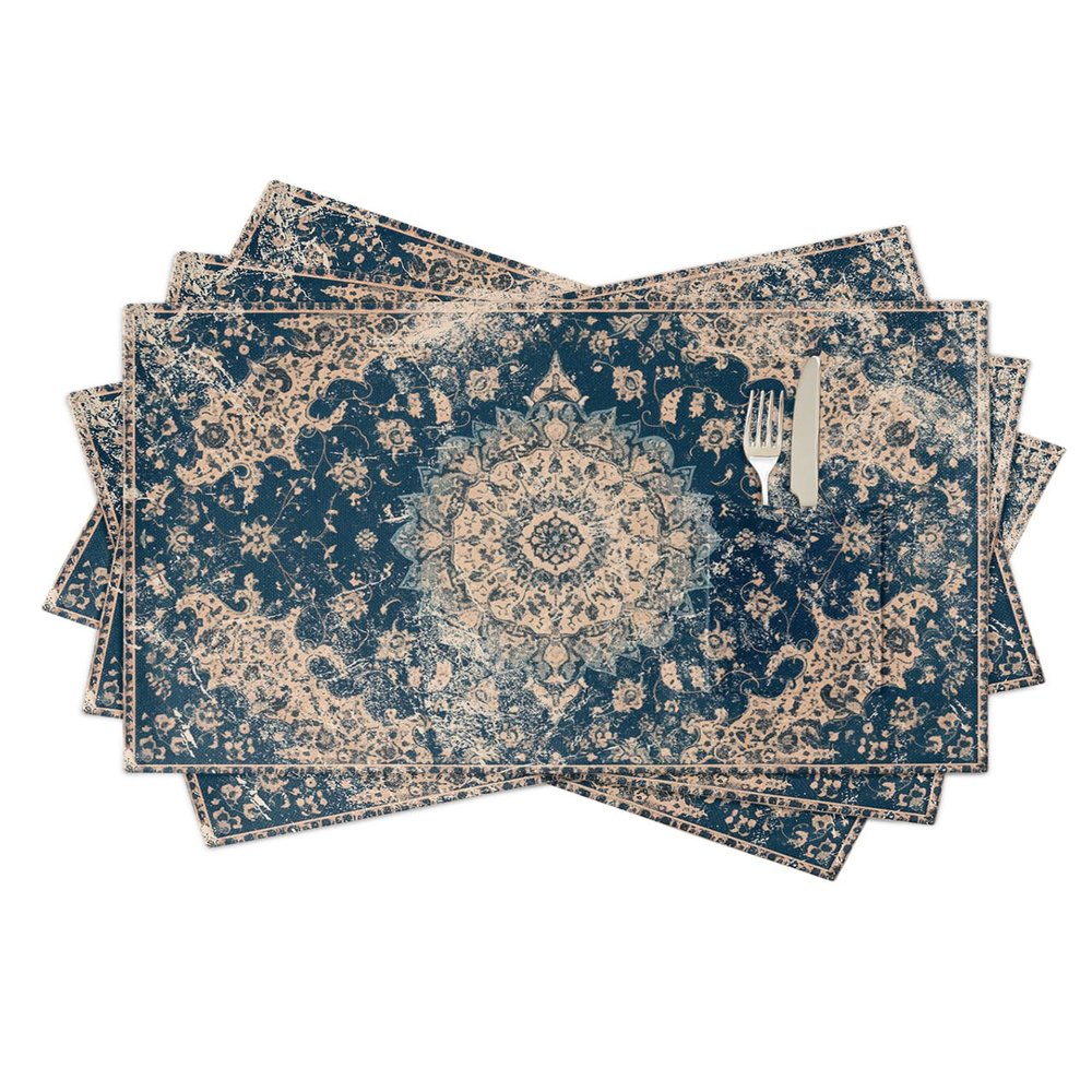 Antique Oriental Placemats Set of 4, Woven Placemat Washable Wipeable Table Placemat with Pocket, Holiday Cloth Table Mat for Party Kichen Dinner Baby Shower Vintage Blue Geometric Aesthetics Flower