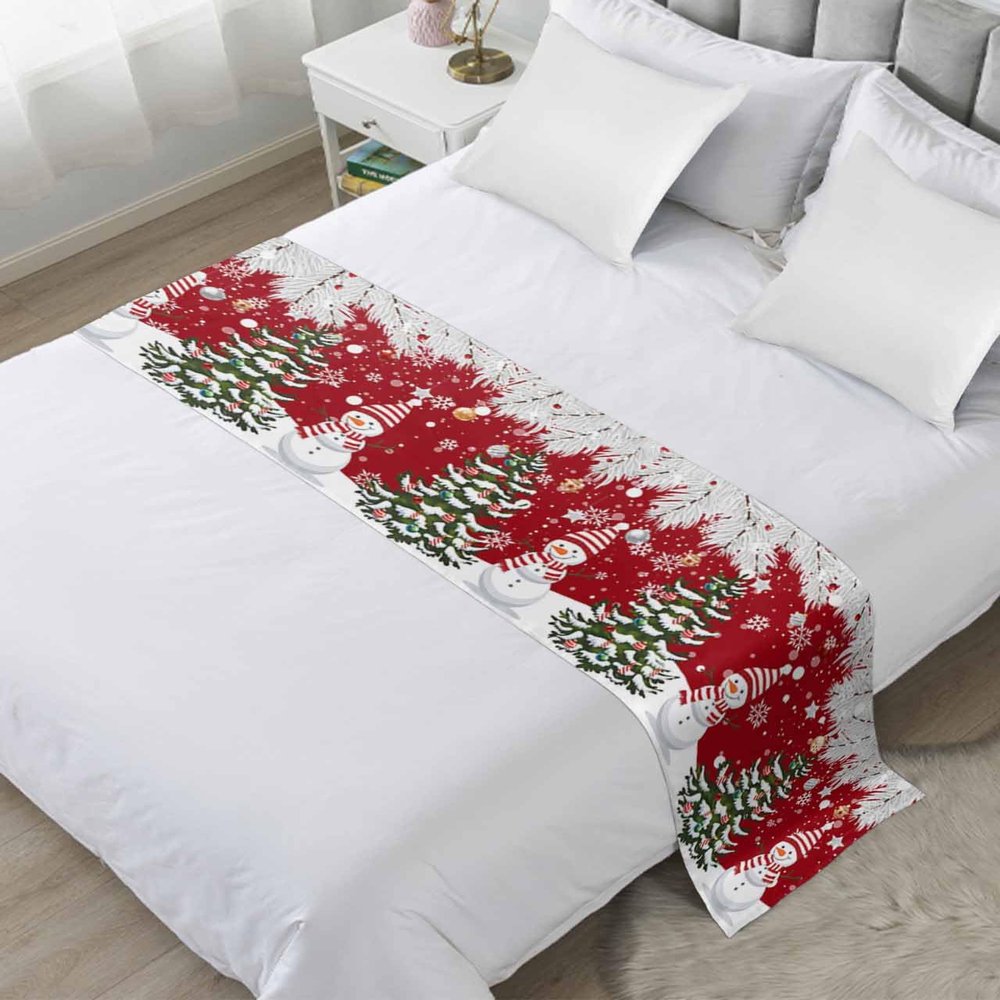 Christmas Bed Runner for Full/ Queen Size Bed, Red Gnomes Xmas Tree Silver Pine Tree Bedspread Protector Slipcover Bed Scarf for Foot Bed Runners & Scarves for Bedroom Hotel Wedding Room 83x20 Inches