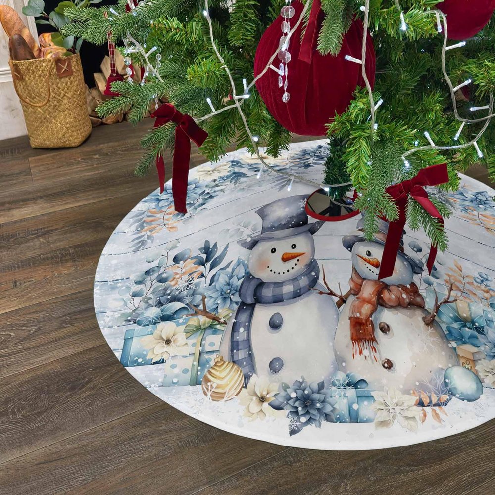 Christmas Tree Skirt 48 Inches Large Christmas Skirt Tree, Snowman Blue Tree Skirt Christmas Decorations for Fireplace Party Holidays Indoor Outdoor Christmas Farmhouse Eucalyptus Flower