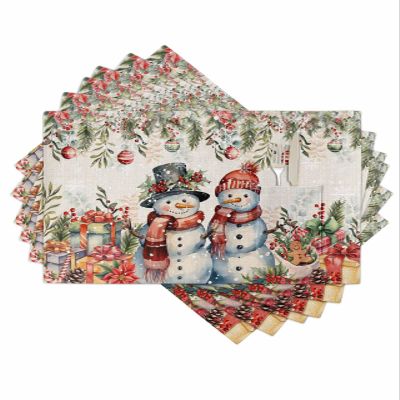 Snowman Beige Placemats Set of 6, Woven Placemat Washable Wipeable Table Placemat with Pocket, Holiday Cloth Table Mat for Party Kichen Dinner Baby Shower Christmas Farmhouse Eucalyptus Berry
