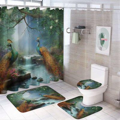 FBMLBRB Brebasf Fantasy Forest Animal Peacock 4 Pcs Waterproof Shower Curtain Set,Rustic Watercolor Wildlife Peacock Spring Garden Florals Lavender with Waterproof Toilet Cover Shower Mat Rugs