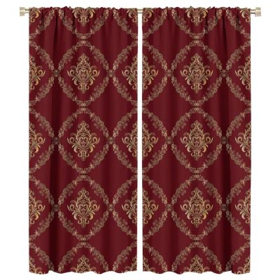 Abstract Baroque Luxury Damask Curtains - Modern Red Gold Damask Medallion Gothic Floral Thermal Insulated Blackout Curtains - Rod Pocket Window Treatment Drapes for Bedroom 2 Panels 54L x 21W