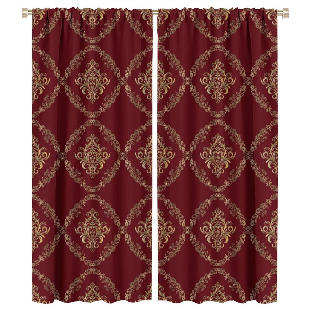 Abstract Baroque Luxury Damask Curtains - Modern Red Gold Damask Medallion Gothic Floral Thermal Insulated Blackout Curtains - Rod Pocket Window Treatment Drapes for Bedroom 2 Panels 54L x 21W