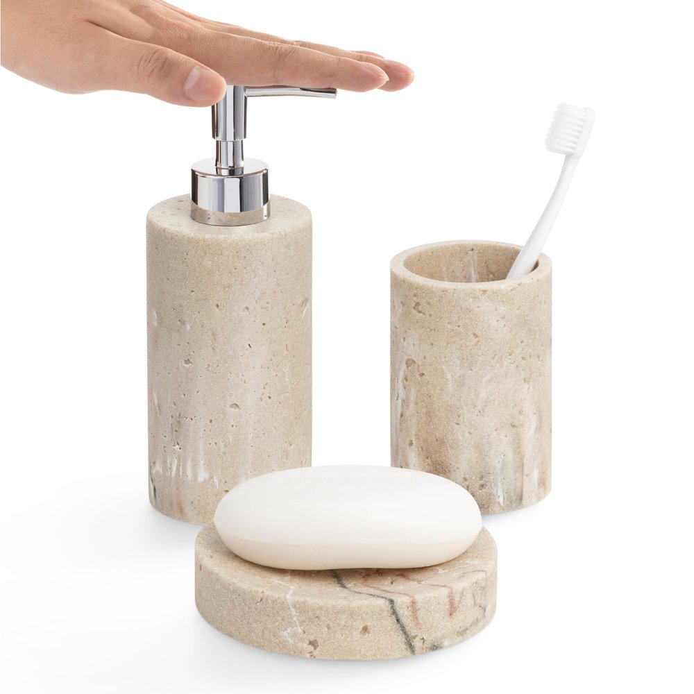Navaris Decorative Bathroom Accessories Set - 3-Piece Bath Accessory Kit with Toothbrush Holder Liquid Soap Dispenser and Soap Dish Tray Set - Marble