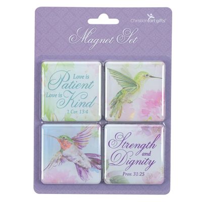 Christian Art Gifts Inspirational Refrigerator Scripture Magnet Set for Women, Encouraging Bible Verses Cute Multicolor Pink, White, Green, Purple Floral Designs, Hummingbirds, 1.9" x 1.9", Pack of 4