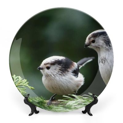 Animal Bird Tit Long Tailed Tit Decorative Plate for Kitchen Accent Ceramic Wall Hanging Souvenir with Display Stand Home Decor Collectible Plate for Wedding Holiday Party Supplies 7"