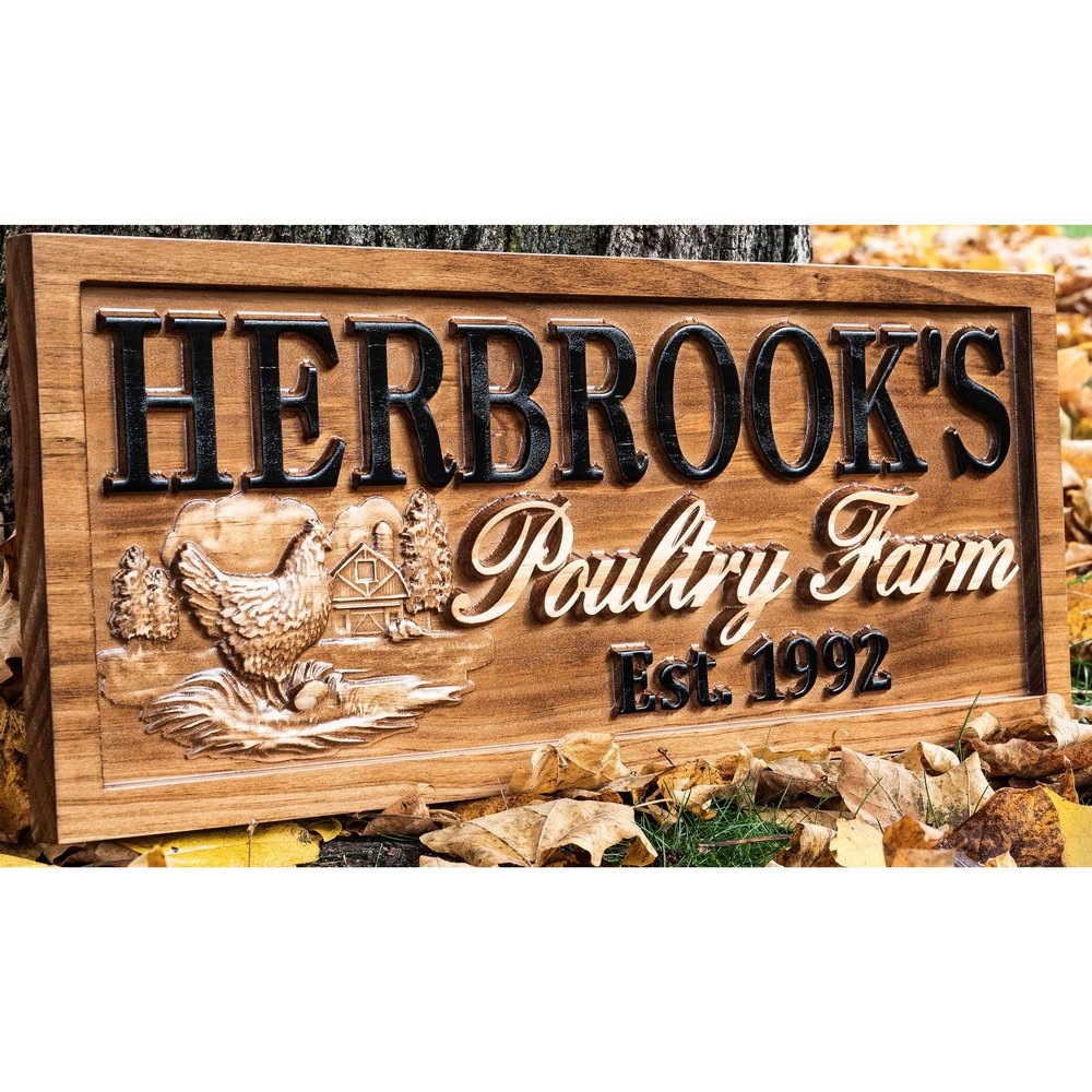 Personalized Chicken Farmhouse Sign Wood Wedding Gift Wooden Farmhouse Decor Family Name Sign Couple Established Hen Custom Carved Farm Sign