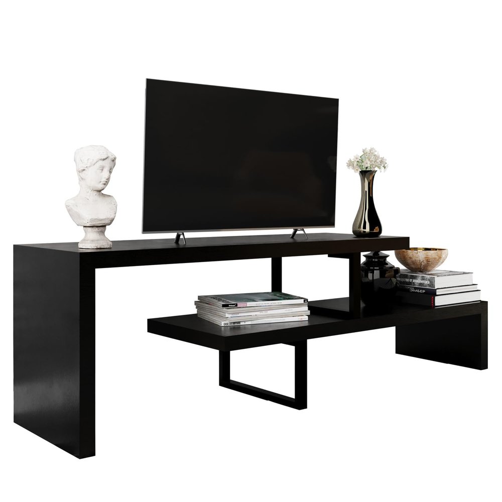 LeisureMod Orford Mid-Century Modern TV Stand with MDF Shelves and Powder Coated Iron Legs for Living Room (Ebony)