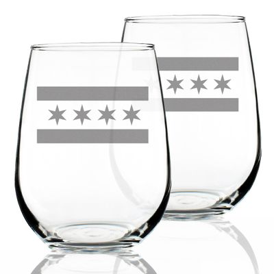 Bevvee Chicago Flag Stemless Wine Glasses - Set of 2 - Chitown Gifts - Large 17 Ounce