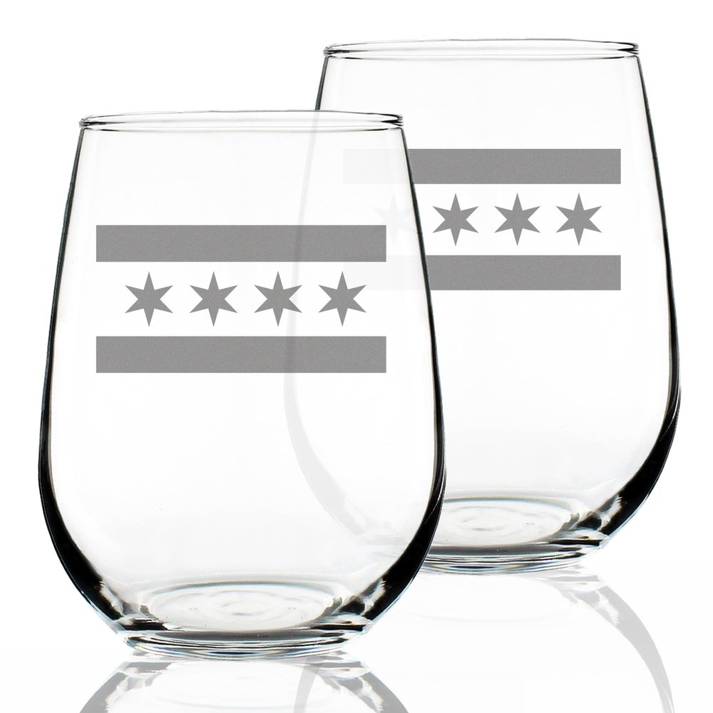 Bevvee Chicago Flag Stemless Wine Glasses - Set of 2 - Chitown Gifts - Large 17 Ounce