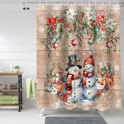 Anzona Christmas Snowman Waterproof Shower Curtains Set - Extra Long 72 x 96 Inch, Xmas Poinsettia Botanical Balls Vintage Polyester Fabric Bath Curtain with 12 Hooks, Bathroom Accessories, 1 Panel