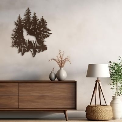 SIGNLEADER Metal Wall Art Decor Wolf and Pine Tree Minimalist Modern Abstract Wall Sculpture Hangings Home Decoration for Living Room, Bedroom, Bathroom, Kitchen, Outdoor - 36" Bronze