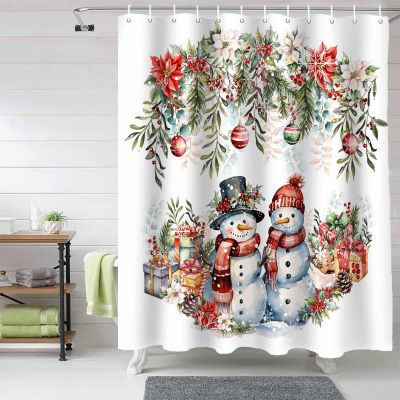 Anzona Christmas Snowman Waterproof Shower Curtains Set - Extra Long 72 x 96 Inch, Xmas Poinsettia Botanical Balls Polyester Fabric Bathroom Curtain with 12 Hooks, Bathroom Accessories, 1 Panel