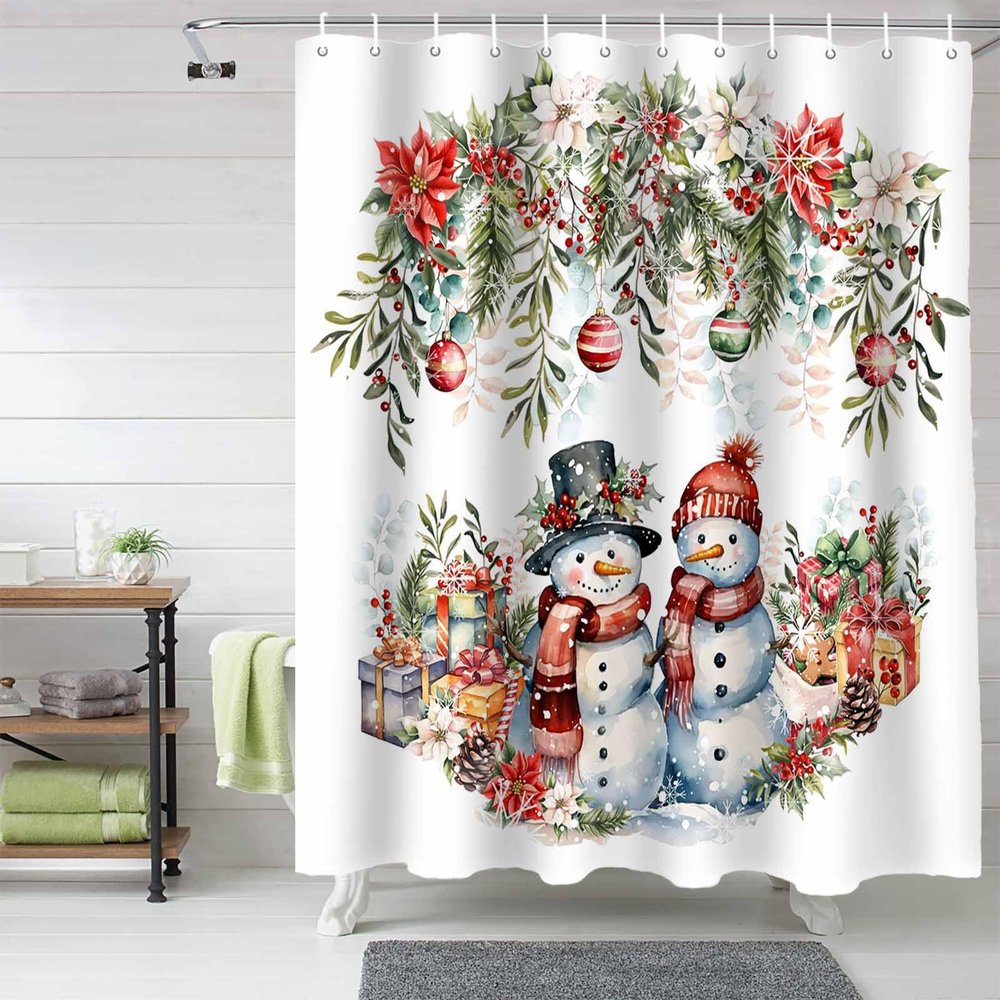 Anzona Christmas Snowman Waterproof Shower Curtains Set - Extra Long 72 x 96 Inch, Xmas Poinsettia Botanical Balls Polyester Fabric Bathroom Curtain with 12 Hooks, Bathroom Accessories, 1 Panel
