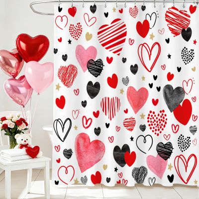 Lindameler Cute Valentine's Day Shower Curtain Set Funny Abstract Modern Red and Black Hearts Shower Curtain for Bathroom Romantic Waterproof Polyester Fabric Shower Curtain 72x72 INES with 12 Hooks