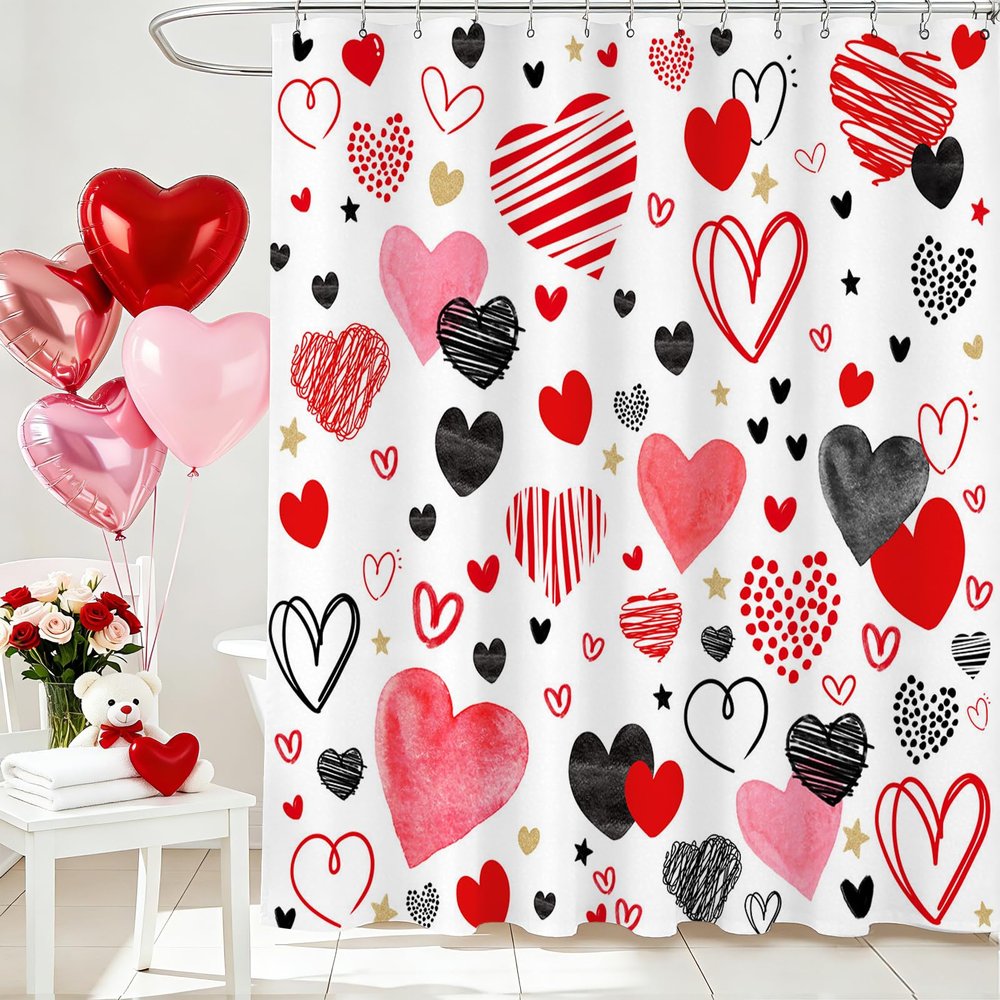 Lindameler Cute Valentine's Day Shower Curtain Set Funny Abstract Modern Red and Black Hearts Shower Curtain for Bathroom Romantic Waterproof Polyester Fabric Shower Curtain 72x72 INES with 12 Hooks