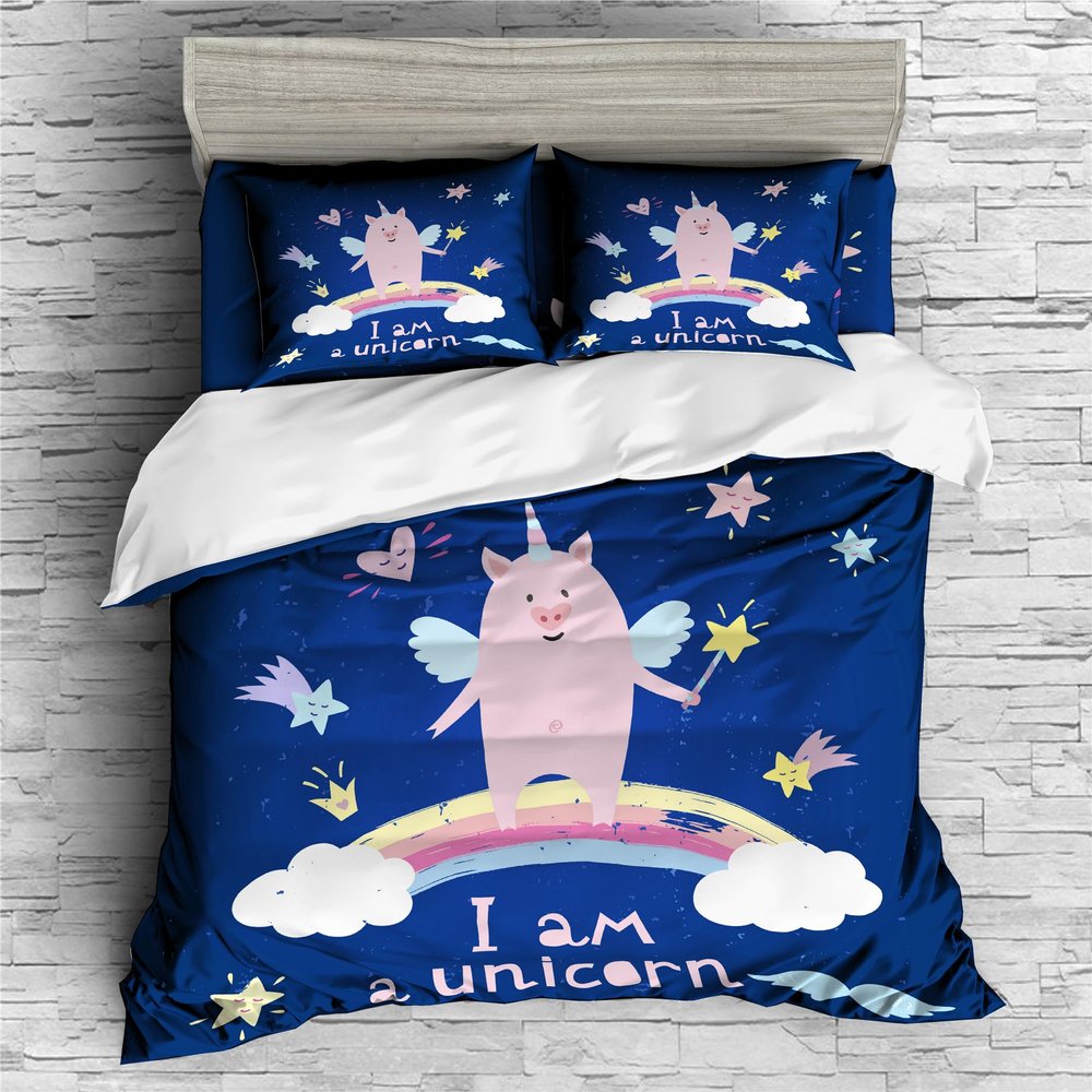 REALIN Unicorn Pig Rainbow Prints Duvet Cover Set Unicorn Pig Animal Bedding Girl Boy Kids Bed Sets 2/3/4PCS Quilt Covers/Sheets/Pillow Shams,Twin/Full/Queen/King (C,Full-200x229cm-4PCS)