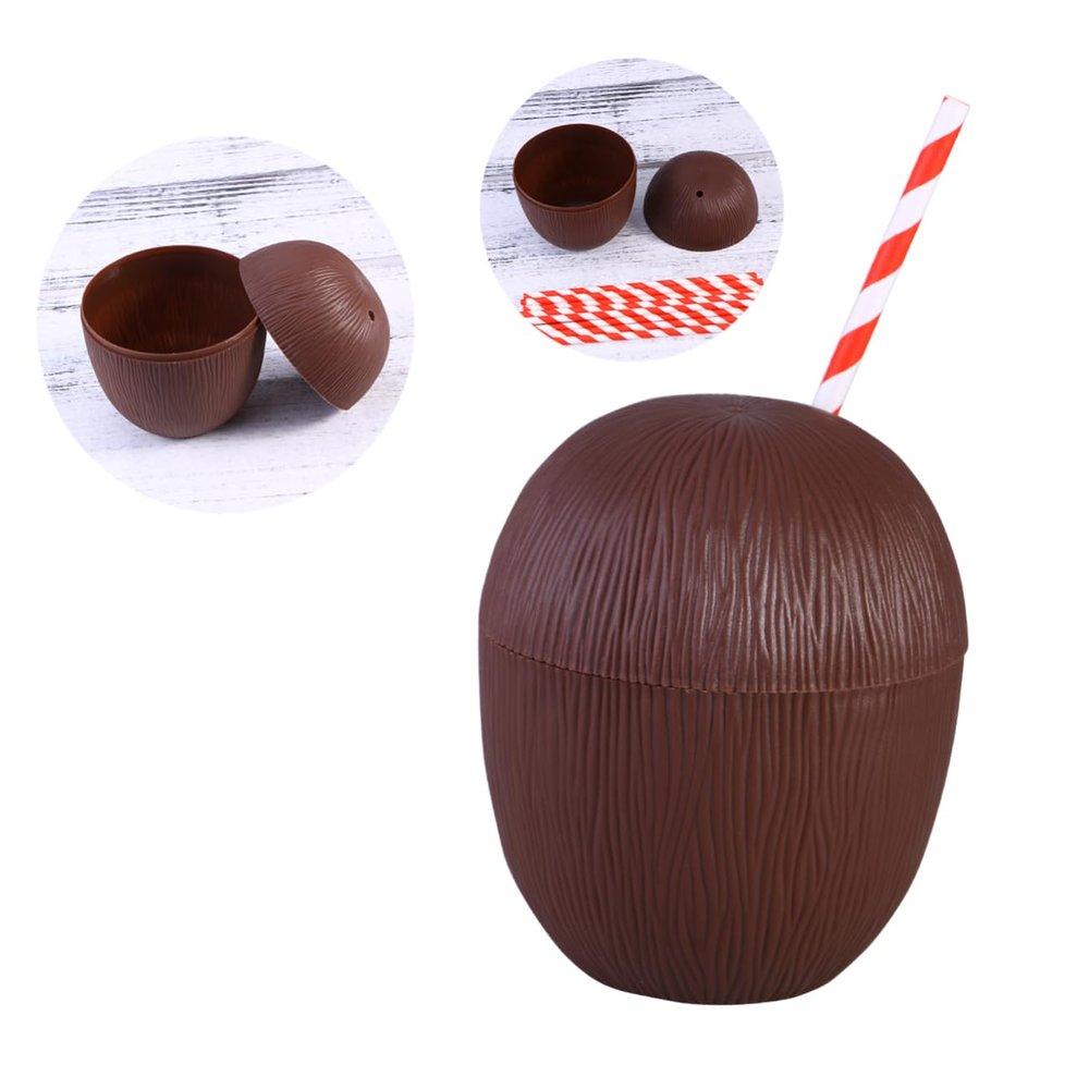 jojofuny Tropical Coconut Drink Cups with Straw Pe Party Cups for Luau Hawaiian Beach Theme Reusable Drinkware for Summer Parties and Bbq Favors Random Color
