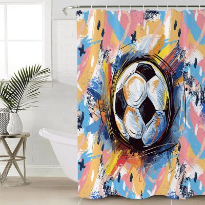 Anzona Soccer Waterproof Shower Curtains Set - Standard 66 x 72 Inch, Yellow Blue Pink Watercolor Abstract Art Sports Polyester Fabric Bathroom Curtain with 12 Hooks, Bathroom Accessories, 1 Panel