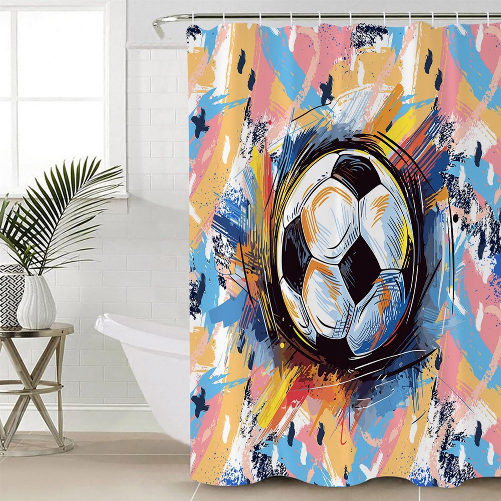 Anzona Soccer Waterproof Shower Curtains Set - Standard 66 x 72 Inch, Yellow Blue Pink Watercolor Abstract Art Sports Polyester Fabric Bathroom Curtain with 12 Hooks, Bathroom Accessories, 1 Panel