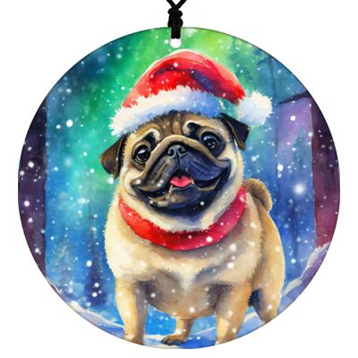Pug Christmas Ornament - Hanging Home Decor Featuring Santa Cap and Northern Lights - 2026 Acrylic Disc Decoration for Tree - Unique Dog Lover Gift from Cranberry Collective