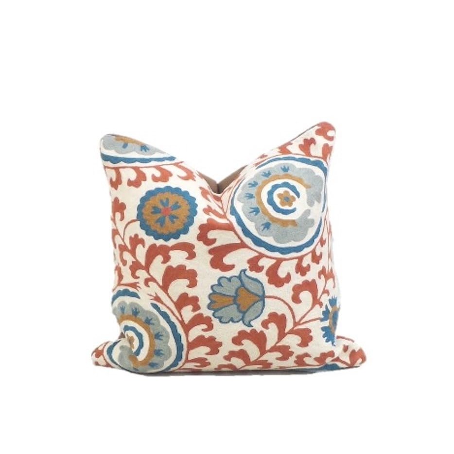 20 x 20 inches Multi-Color Suzani Decorative Throw Pillow Cover, Hand Embroidered Pillow Cover, Brown Cushion Cover, Handmade, Wool Pillow Cover, Dry Clean Only.