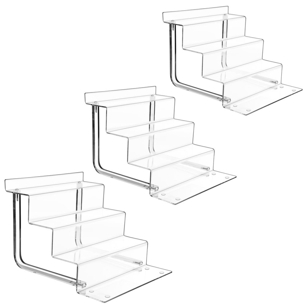 AMT Acrylic Riser Display Stand, 100% Acrylic Clear 4-Tier Organizer for Figures, Cupcake, Perfume, Sunglasses (9 inch x 2.75 inch) 3-pack