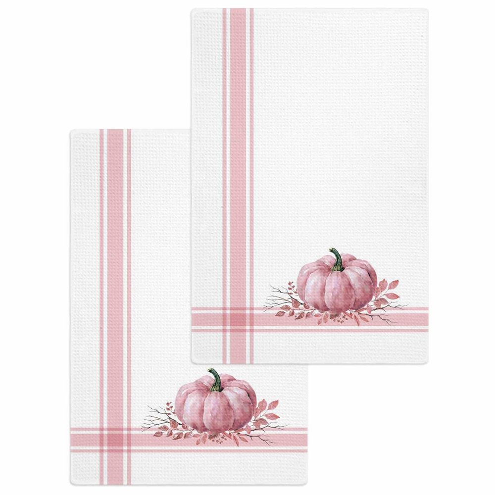 Blush Pink Pumpkin Waffle Kitchen Hand Towels Set of 2,Super Absorbent & Quick Dry Hair Dish Bath Tea Golf Microfiber Towel,Soft Towel Cleaning Washcloth,Thanksgiving Eucalyptus Leaves 15.7"x23.6"