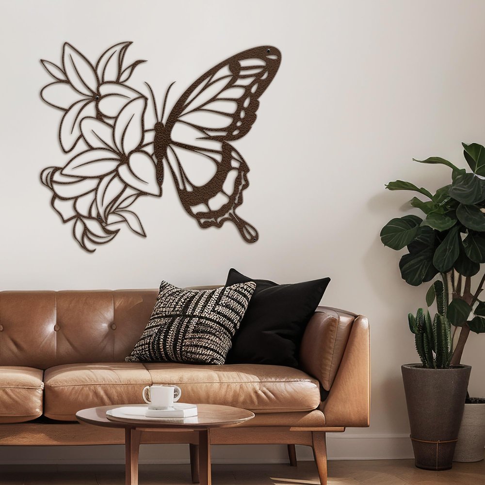 SIGNLEADER Metal Wall Art Decor Butterfly and Flowers Minimalist Modern Abstract Wall Sculpture Hangings Home Decoration for Living Room, Bedroom, Bathroom, Kitchen, Outdoor - 30" Bronze