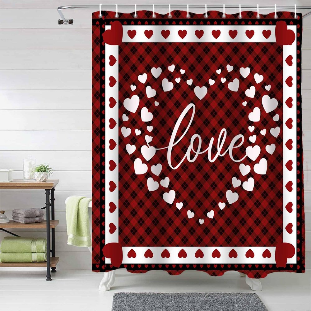 Anzona Red Valentine's Day Waterproof Shower Curtains Set - Small 36 x 72 Inch, Love Heart Red Black Plaid Polyester Fabric Bathroom Curtain with 12 Hooks, Bathroom Accessories, 1 Panel